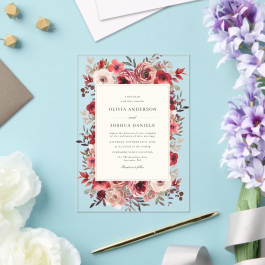 赤エレガント素朴フローラ秋の結婚式 アクリル招待状 (インサイチュ (ウェディング))