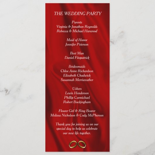 赤エレガント絹の結婚リングや輪 プログラム (裏面)