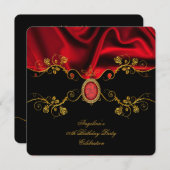 赤エレガント絹ジュエルブラック金ゴールド誕生日パーティー 招待状 (正面/裏面)