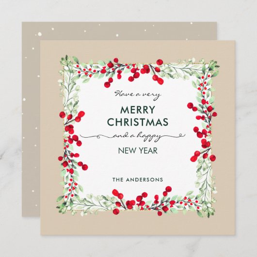 赤エレガント緑の冬の植物性ベージュクリスマス シーズンカード (正面/裏面)