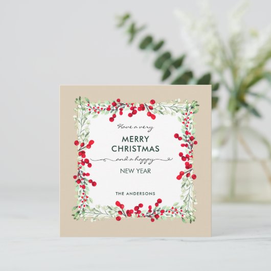 赤エレガント緑の冬の植物性ベージュクリスマス シーズンカード (スタンド正面)