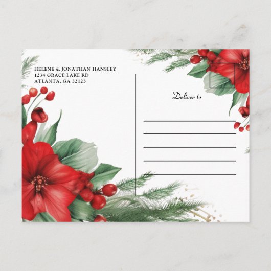 赤エレガント緑の植物性クリスマスパーティー インビテーションポストカード (裏面)