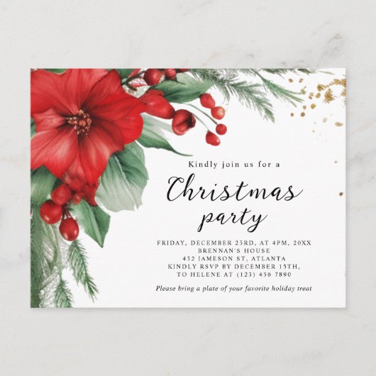 赤エレガント緑の植物性クリスマスパーティー インビテーションポストカード (正面)