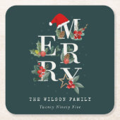 赤エレガント緑の白いメリークリスマスの葉 スクエアペーパーコースター (正面)