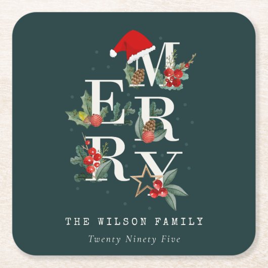 赤エレガント緑の白いメリークリスマスの葉 スクエアペーパーコースター (正面)
