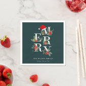 赤エレガント緑の白いメリークリスマスの葉 スタンダードカクテルナプキン (インサイチュ)