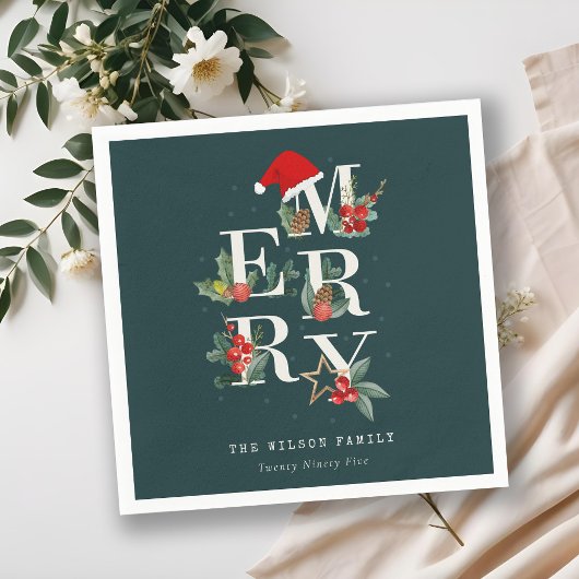 赤エレガント緑の白いメリークリスマスの葉 スタンダードカクテルナプキン