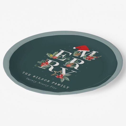 赤エレガント緑の白いメリークリスマスの葉 ペーパープレート (アングル)