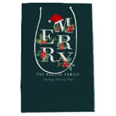 赤エレガント緑の白いメリークリスマスの葉 ミディアムペーパーバッグ (正面)