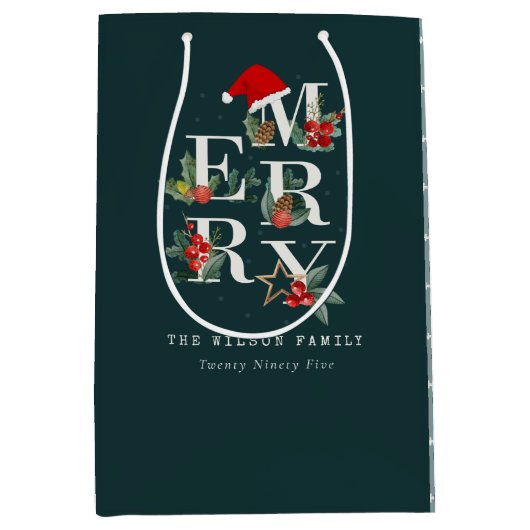 赤エレガント緑の白いメリークリスマスの葉 ミディアムペーパーバッグ (正面)