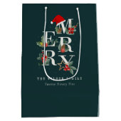 赤エレガント緑の白いメリークリスマスの葉 ミディアムペーパーバッグ (裏面)