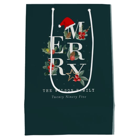赤エレガント緑の白いメリークリスマスの葉 ミディアムペーパーバッグ (裏面)