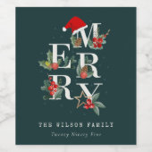 赤エレガント緑の白いメリークリスマスの葉 ワインラベル (シングルラベル)