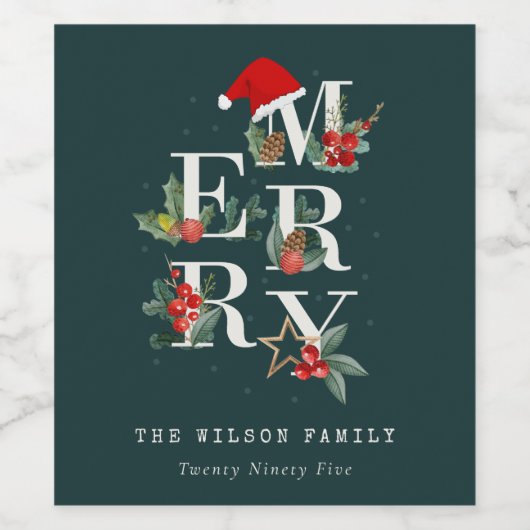 赤エレガント緑の白いメリークリスマスの葉 ワインラベル (シングルラベル)
