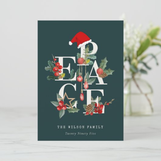 赤エレガント緑の白い平和のクリスマスリーフ シーズンカード (スタンド正面)