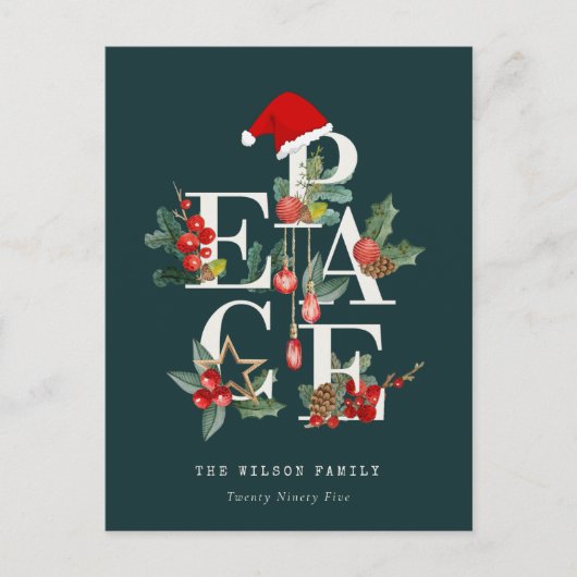 赤エレガント緑の白い平和のクリスマスリーフ シーズンポストカード (正面)