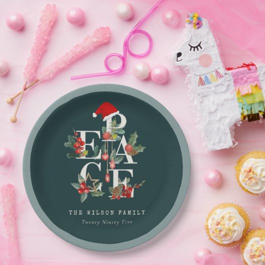 赤エレガント緑の白い平和のクリスマスリーフ ペーパープレート (パーティー)