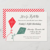 赤エレガント緑カイト飛んでいるスカイ誕生日 招待状 (正面/裏面)