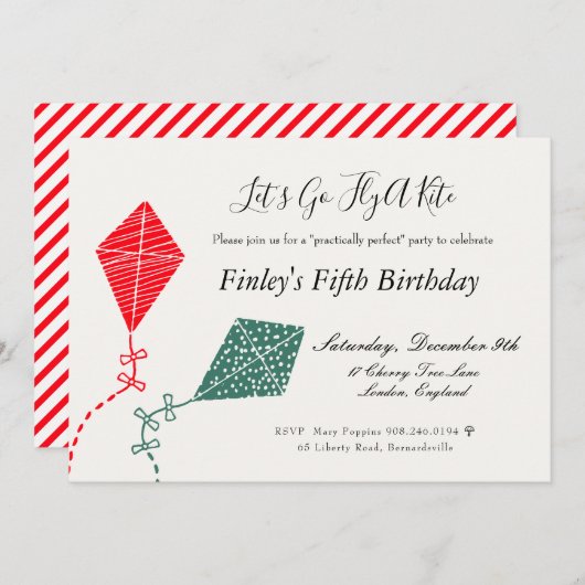 赤エレガント緑カイト飛んでいるスカイ誕生日 招待状 (正面/裏面)