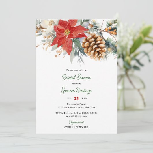 赤エレガント緑クリスマスブライダルシャワー 招待状 (スタンド正面)