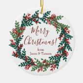 赤エレガント緑クリスマスリース セラミックオーナメント (正面)