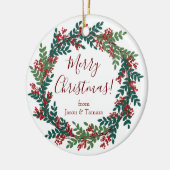 赤エレガント緑クリスマスリース セラミックオーナメント (左)