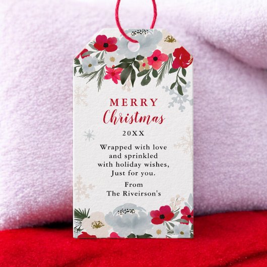赤エレガント緑フローラスノーフレークのクリスマス ギフトタグ