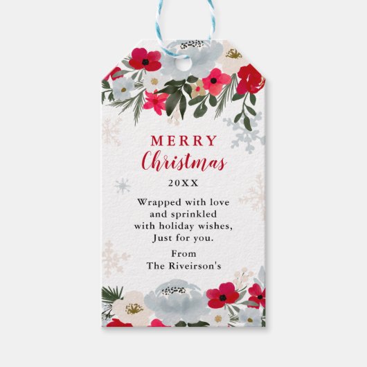 赤エレガント緑フローラスノーフレークのクリスマス ギフトタグ (正面)