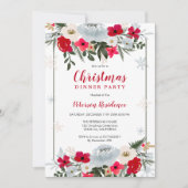 赤エレガント緑フローラスノーフレークのクリスマス 招待状 (正面)