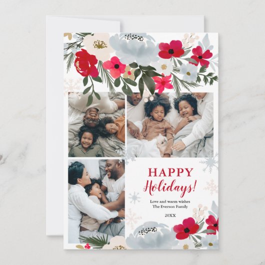 赤エレガント緑フローラスノーフレーク家族4枚の写真 シーズンカード (正面)