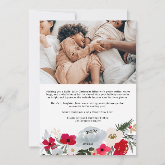 赤エレガント緑フローラスノーフレーク家族4枚の写真 シーズンカード (裏面)