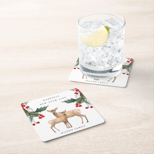赤エレガント緑ホリーベリーディアデュオ新年 スクエアペーパーコースター (インサイチュ)