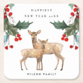 赤エレガント緑ホリーベリーディアデュオ新年 スクエアペーパーコースター (正面)