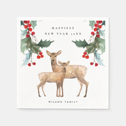 赤エレガント緑ホリーベリーディアデュオ新年 スタンダードカクテルナプキン (正面)