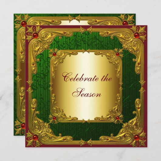 赤エレガント緑金ゴールドクリスマスパーティー 招待状 (正面/裏面)