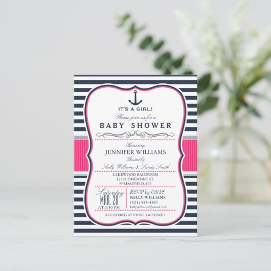 赤エレガント航海のちゃんシャワー招待状、ネイビーとピンク インビテーションポストカード (スタンド正面)