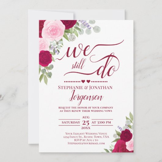 赤エレガント色のバラ我々はまだ誓いを更新する 招待状 (正面)