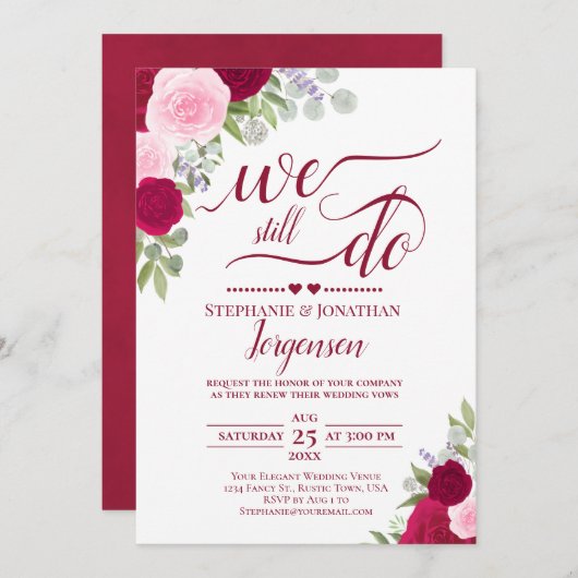 赤エレガント色のバラ我々はまだ誓いを更新する 招待状 (正面/裏面)