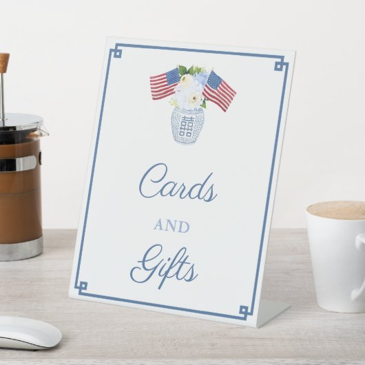 赤エレガント色の白と青のカードとギフト 台座サイン (インサイチュ)