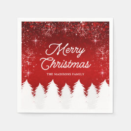 赤エレガント色 |木と雪の結晶クリスマスパーティー スタンダードカクテルナプキン