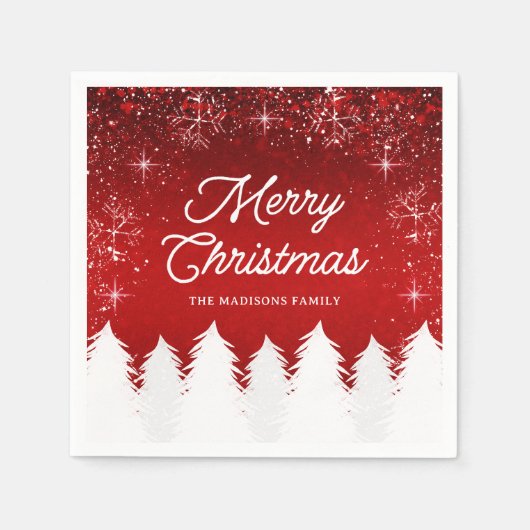 赤エレガント色 |木と雪の結晶クリスマスパーティー スタンダードカクテルナプキン (正面)