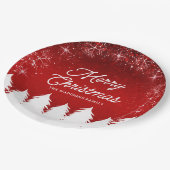 赤エレガント色 |木と雪の結晶クリスマスパーティー ペーパープレート (アングル)