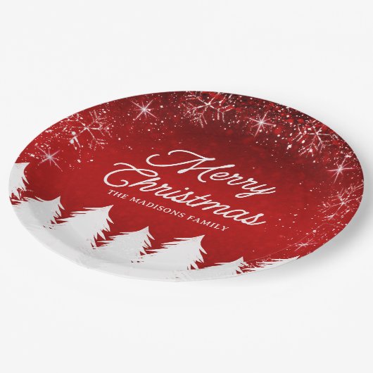 赤エレガント色 |木と雪の結晶クリスマスパーティー ペーパープレート (アングル)