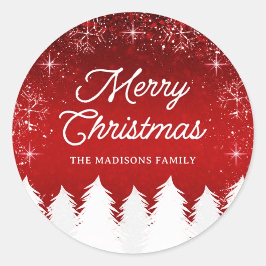 赤エレガント色 |木と雪の結晶クリスマスパーティー ラウンドシール (正面)