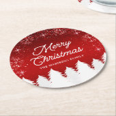赤エレガント色 |木と雪の結晶クリスマスパーティー ラウンドペーパーコースター (アングル)