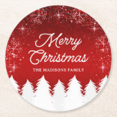 赤エレガント色 |木と雪の結晶クリスマスパーティー ラウンドペーパーコースター (正面)
