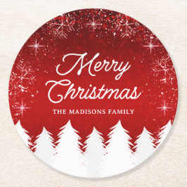 赤エレガント色 |木と雪の結晶クリスマスパーティー ラウンドペーパーコースター