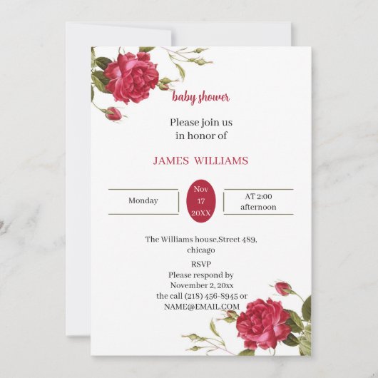 赤エレガント花カスタマイズ赤シャワー 招待状 (正面)