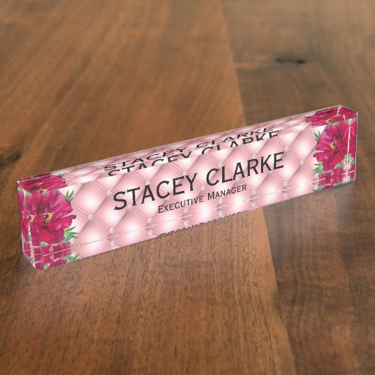赤エレガント花ピンクのエグゼクティブマネージャ デスクネームプレート (側面)