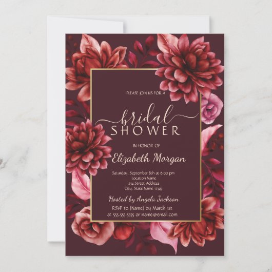 赤エレガント花枠ブライダルシャワー 招待状 (正面)